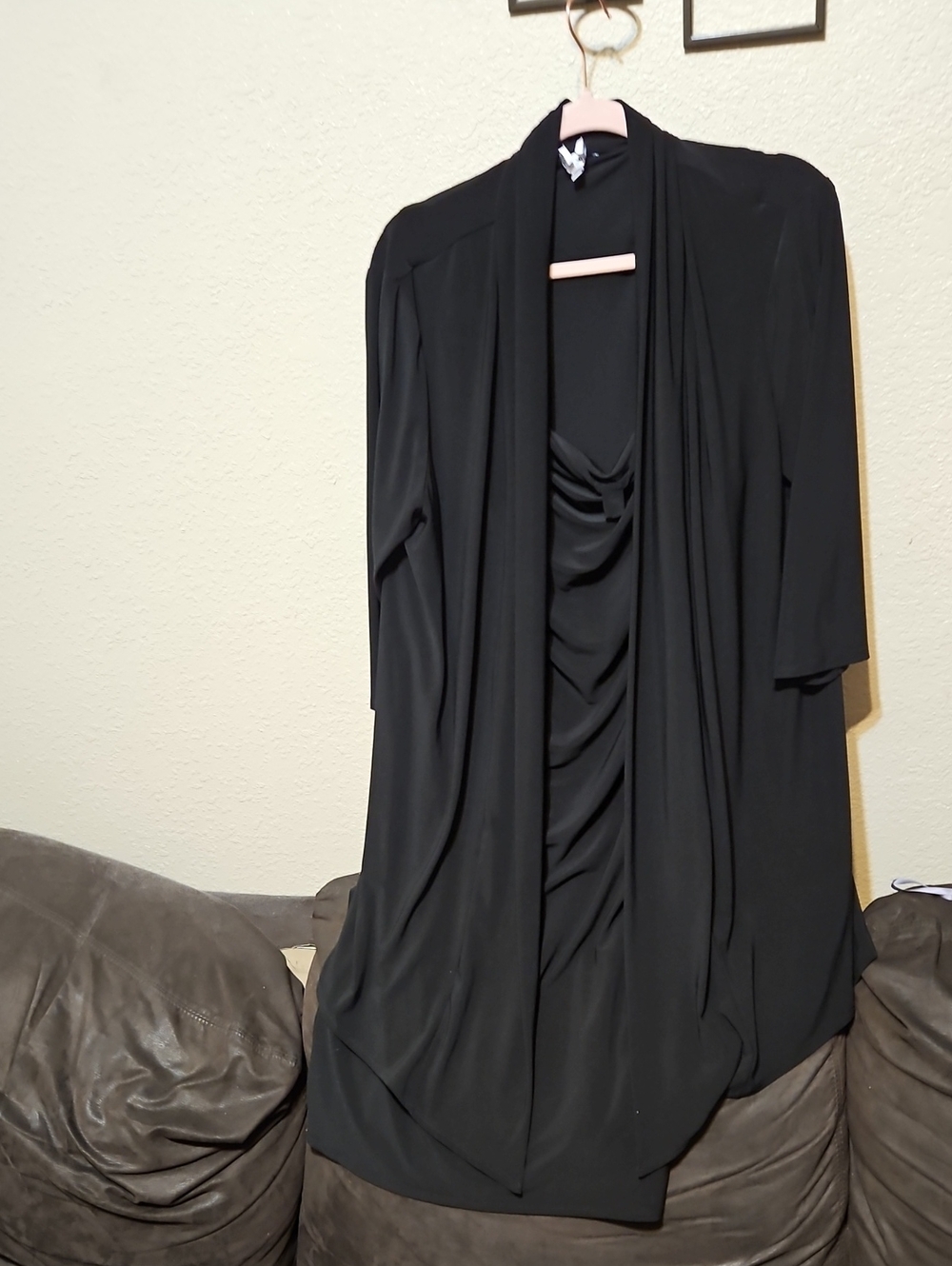 Jones Studio Black Draped Midi Dress with Waterfall Overlay